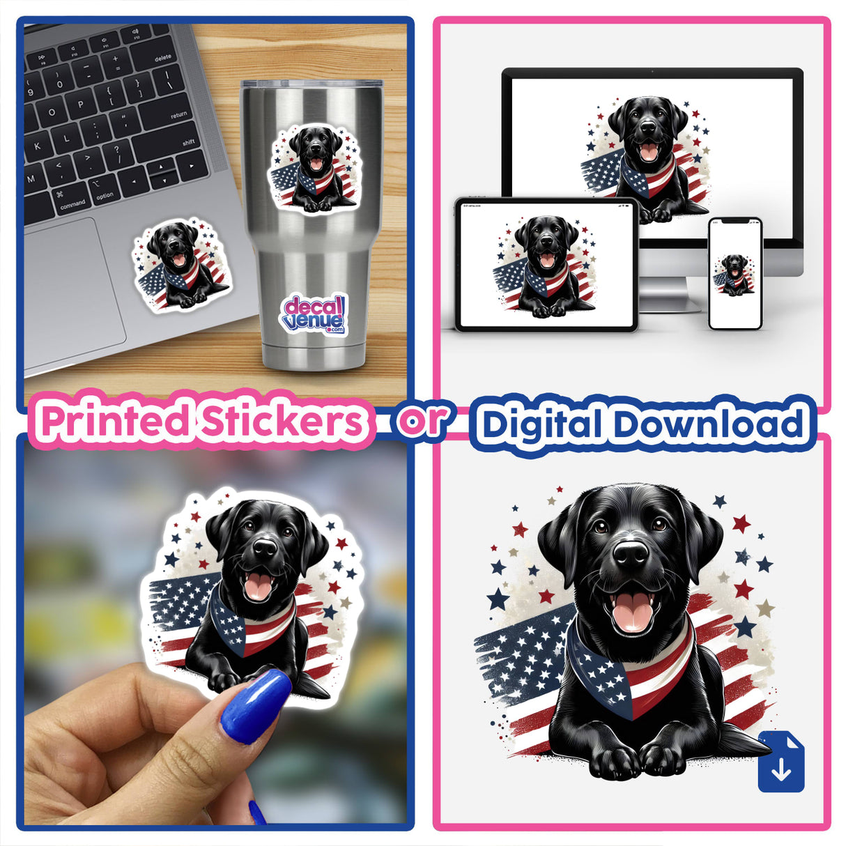 Patriotic black Labrador retriever dog with American flag design on digital artwork and merchandise