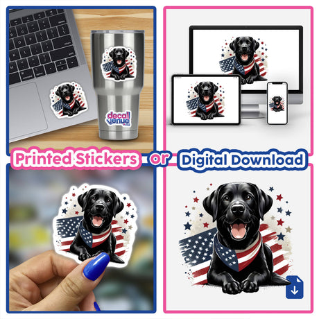 Patriotic black Labrador retriever dog with American flag design on digital artwork and merchandise
