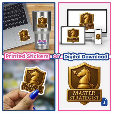 Master Strategist – RPG-Style Skill Badge features a gold fantasy emblem, available as vinyl stickers or digital artwork, reflecting Decal Venue's unique collection of imaginative designs.