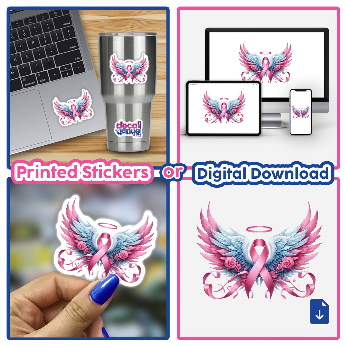 Angel Wings Pink Cancer Ribbon Adorned w/Roses, displayed as stickers and digital downloads, featuring close-ups on laptops, cups, and screens.
