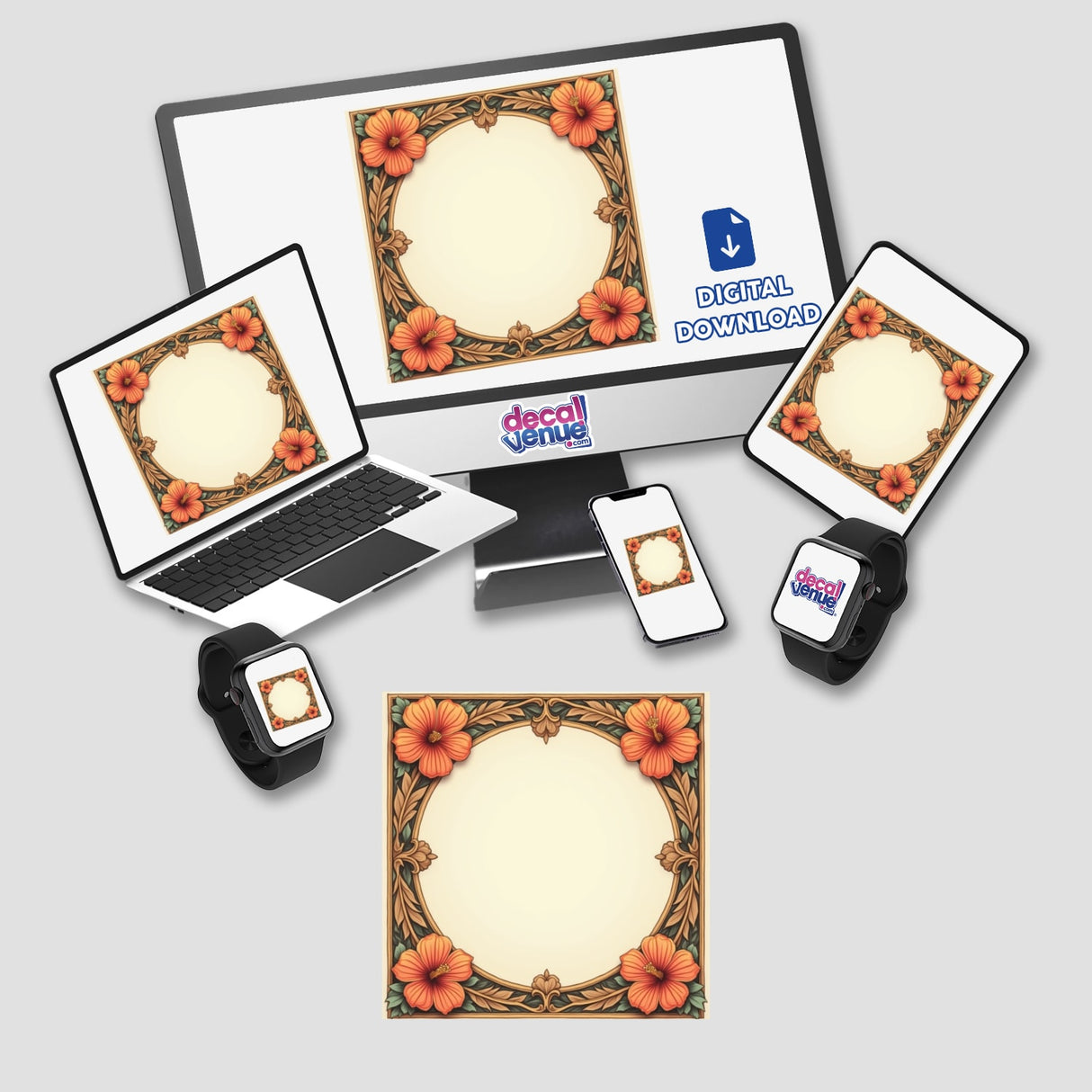 Fall Aesthetic Floral Frame Clipart - Square Design for Typography Quotes displayed on a computer monitor and laptop screen, with vibrant flowers, representing digital artwork.