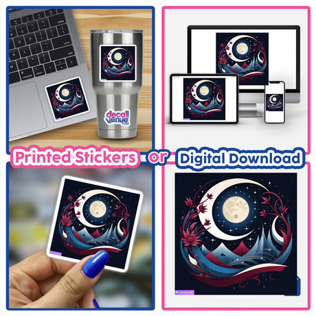 Collage of a laptop with a Moon and mountains sticker, close-up of a finger on the laptop, and a hand holding a matching sticker.