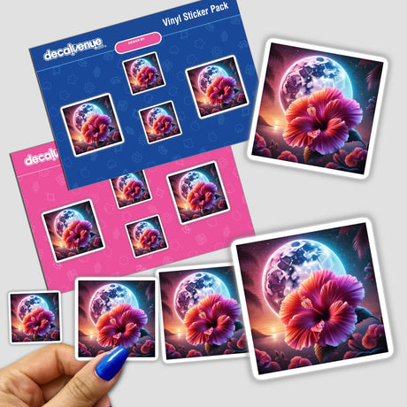 Hand holding a Twilight Hibiscus Blooming Under the Moonlight sticker pack, featuring lush tropical flowers under a moonlit sky. Perfect for adding cosmic charm to your space.