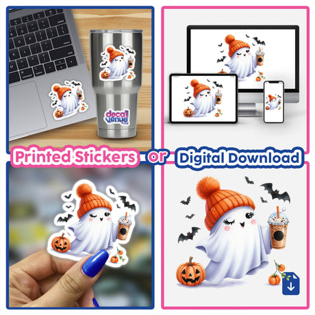 Cute Pumpkin Ghost with Coffee and Bats: Whimsical digital artwork featuring a friendly ghost holding a pumpkin and coffee cup, surrounded by bats.