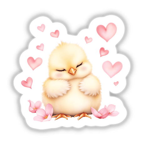 Sleeping Chick with Heart Petals: A cartoon baby chick surrounded by pink heart petals, embodying innocence and affection, ideal as a vibrant sticker or digital artwork.
