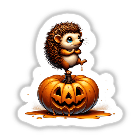 Hedgehog Standing on Pumpkin: A cartoon hedgehog stands on a carved pumpkin, available as stickers or digital artwork from Decal Venue.