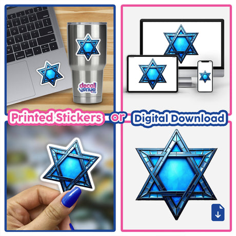 Star of David Stained Glass Style sticker collage, featuring various designs including a silver cup with a star, a laptop with a sticker, and a hand holding a sticker.