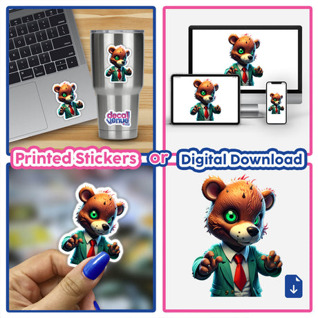Collage featuring A Macabre Scary Bear sticker on a laptop, depicting a cartoon character in a suit and tie, available as unique stickers or digital artwork from Decal Venue.
