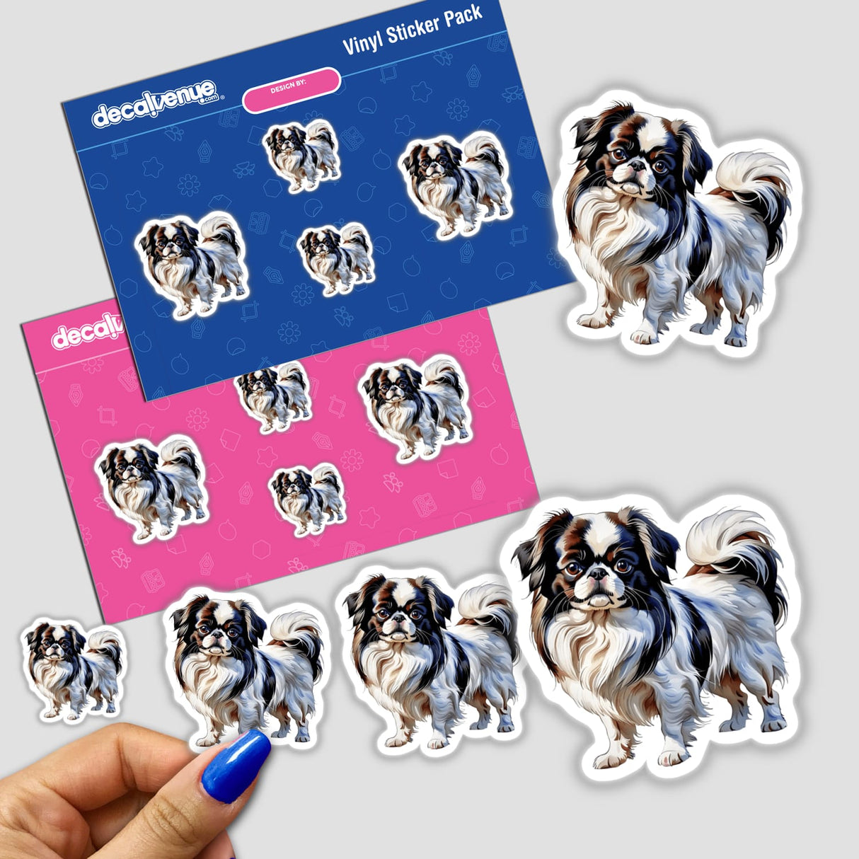 Japanese Chin Dog Watercolor Clipart & Stickers – Commercial Rights, featuring various hand-drawn dogs with long hair and fluffy tails in detailed close-ups and playful poses.