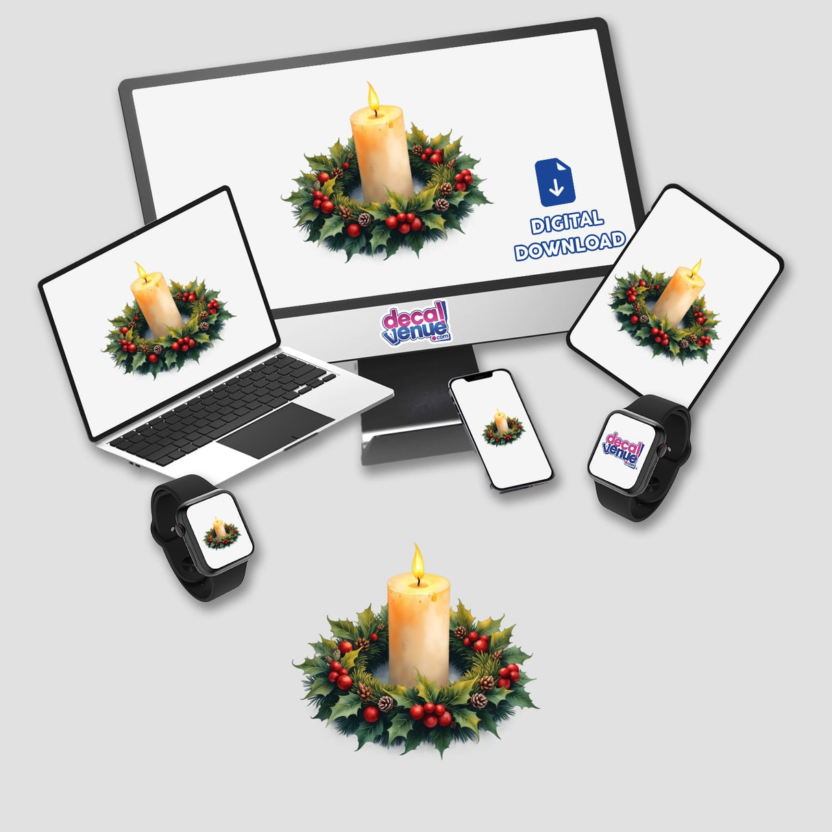 Candle in a Christmas Wreath displayed on various digital screens and devices, showcasing its availability as stickers or digital artwork.