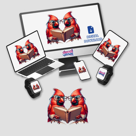 Two Cardinal Birds in Reading Glasses Open Book depicted on a computer screen and various devices, available as unique stickers or digital artwork from Decal Venue.
