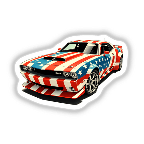 A Cool American Flag Muscle Car with white star accents, available as stickers or digital artwork, showcasing distinctive stripes and design elements.