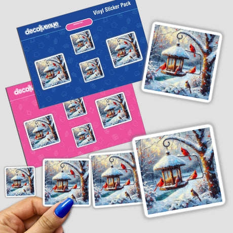 a hand holding a blue pen next to a picture of a winter scene