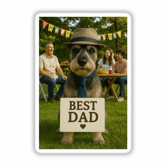 Best Dad Schnauzer – Father's Day Dog at Family Party Scene: A schnauzer wearing a tie sits on grass, holding a sign, perfect as stickers or digital artwork from Decal Venue.
