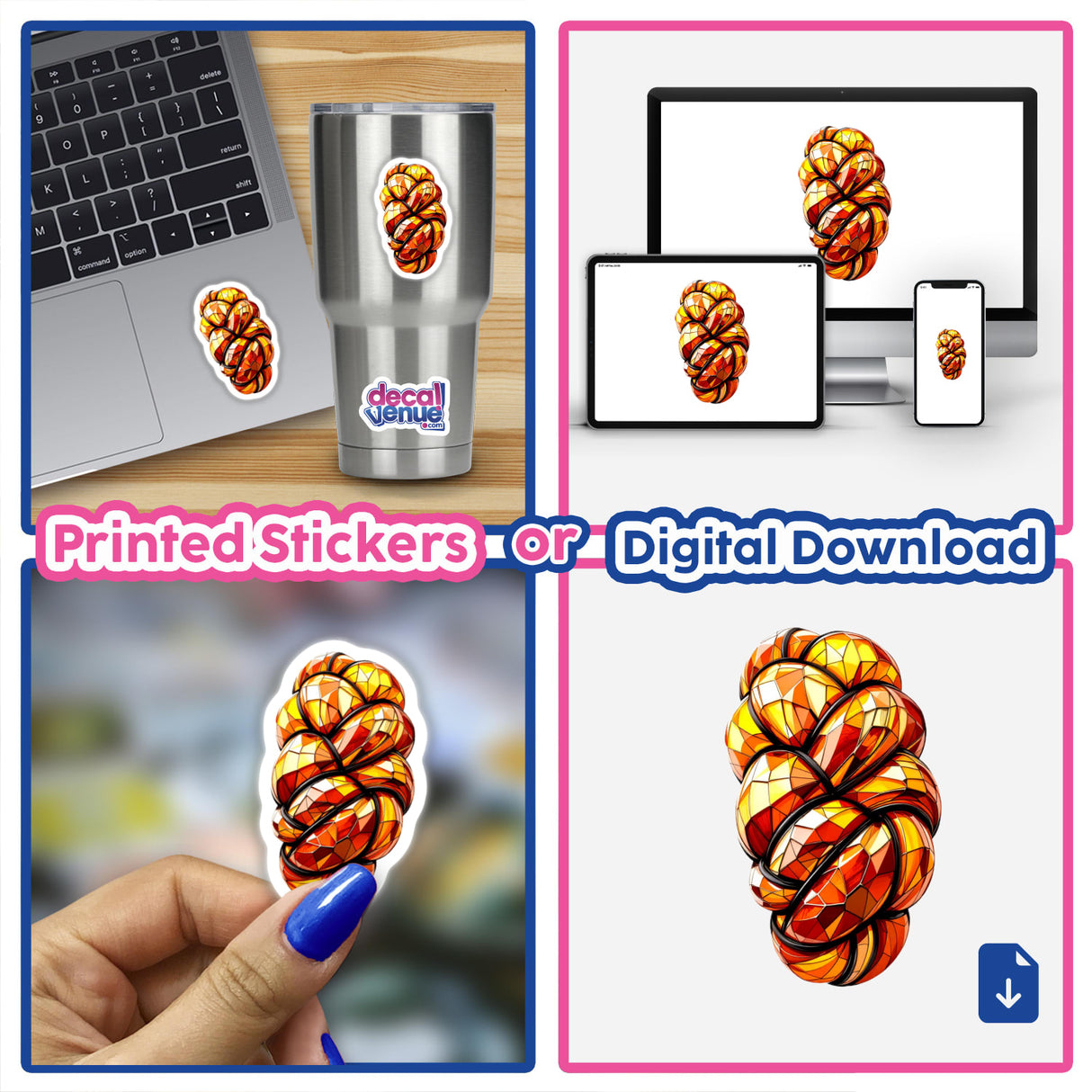 Challah Bread Stained Glass Style digital art and stickers featuring intricate designs on a laptop screen and keyboard, emphasizing unique patterns available for creative expression at Decal Venue.