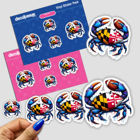 Maryland Football Splatter Blue Crab sticker features a cartoon crab holding a football and flag, available as stickers or digital artwork, embodying Decal Venue's unique vinyl sticker collection.