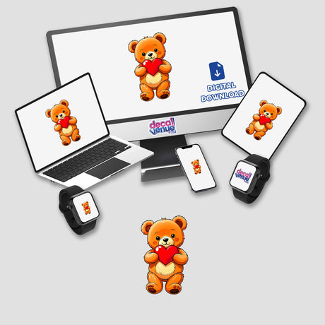 Cute Valentine's Day Teddy Bear displayed on a computer monitor and laptop screen, showcasing its digital artwork form. Ideal for stickers or digital art from Decal Venue, featuring a cartoon bear holding a heart.
