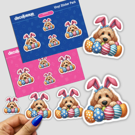 Peeking Easter Goldendoodle Dog stickers featuring a cartoon dog with bunny ears among colorful eggs, available as unique vinyl stickers or digital artwork from Decal Venue.