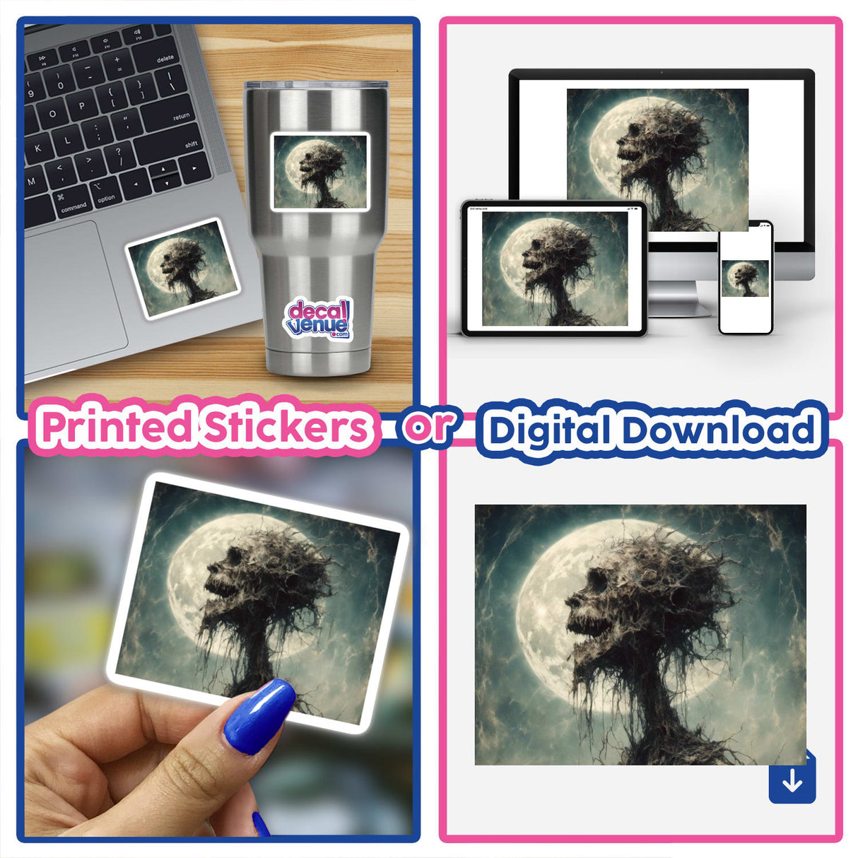 Collage featuring Scream stickers or digital artwork, including a skull, laptop, painted fingernail, silver mug, and a tree with a skull face.