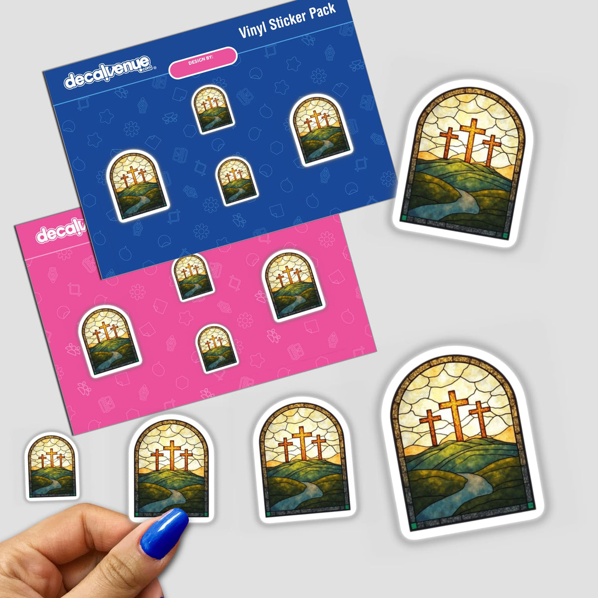 Stained Glass Three Crosses Clipart with Commercial Rights & Christian Sticker featuring vibrant cross motifs. Hand holds one sticker, showcasing intricate design, available as stickers or digital artwork.