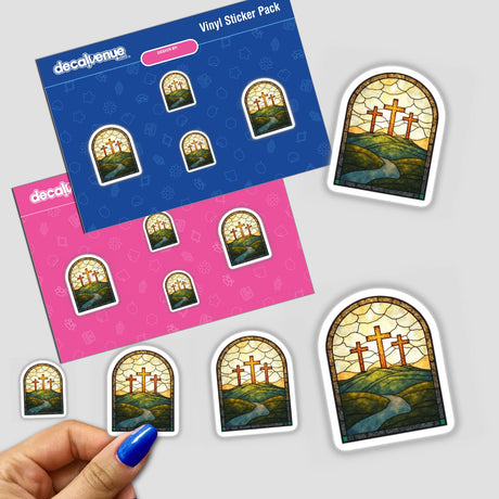 Stained Glass Three Crosses Clipart with Commercial Rights & Christian Sticker featuring vibrant cross motifs. Hand holds one sticker, showcasing intricate design, available as stickers or digital artwork.