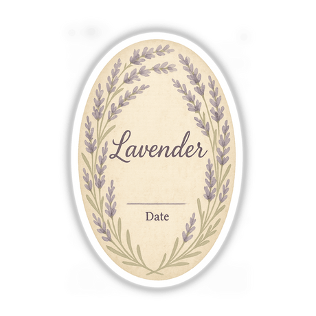 Lavender Jar Label - Cottagecore Printable Herb Sticker features a circle design with ceramic-like texture, vintage watercolor sprigs, and editable script for labeling pantry or apothecary jars.