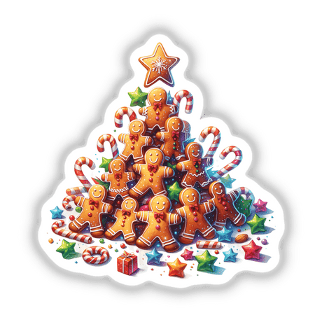 Gingerbread Men Christmas Tree design features gingerbread men, candy canes, and star-shaped cookies, available as stickers or digital artwork from Decal Venue, perfect for festive decor.