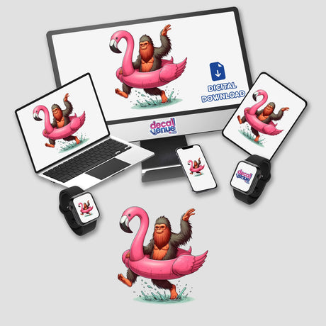 Sasquatch Splashing in Flamingo Float digital artwork displayed on a computer monitor and laptop, featuring a cartoon gorilla on a flamingo float, available as stickers or digital artwork.