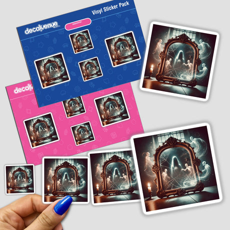 Cursed Mirror - Reflections of Ghostly Figures sticker depicting a hand near a mirror with ghostly images inside, available as a sticker or digital artwork from Decal Venue.