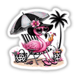 Sassy Beach Flamingo All That Glitters is Pink: A whimsical illustration of a flamingo lounging on a beach chair, accessorized with sunglasses, a beach umbrella, and drink, available as stickers or digital artwork.