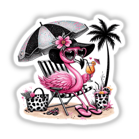 Sassy Beach Flamingo All That Glitters is Pink: A whimsical illustration of a flamingo lounging on a beach chair, accessorized with sunglasses, a beach umbrella, and drink, available as stickers or digital artwork.