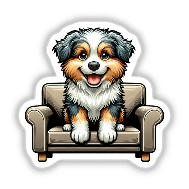 Adorable Australian Shepherd puppy sitting on a cozy sofa, with a cheerful expression and fluffy, multicolored fur.