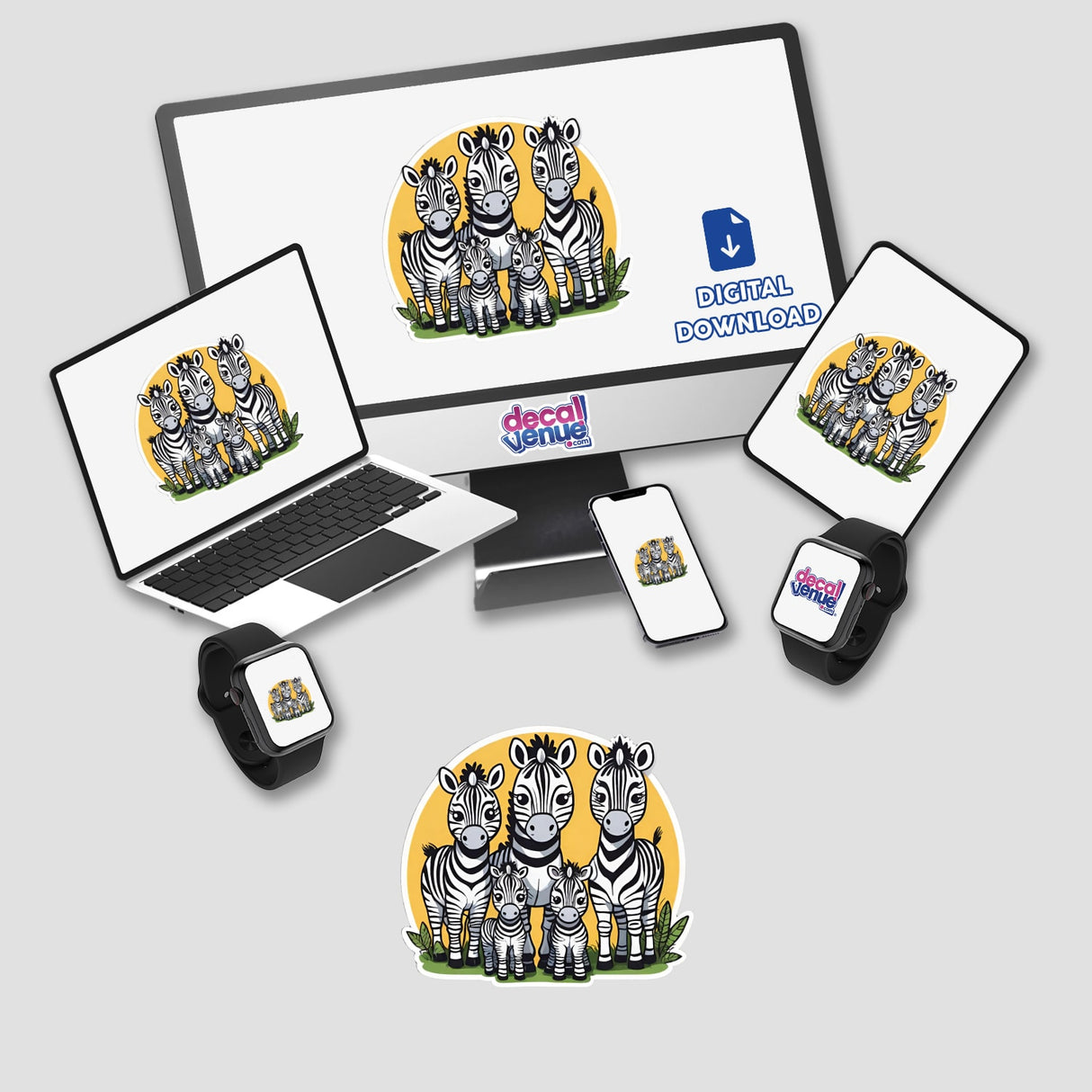 Playful zebra family digital artwork displayed on various electronic devices, showcasing the Decal Venue brand and its diverse sticker and digital download offerings.