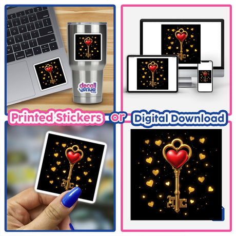 Gold Key with Heart Charms collage featuring various depictions, including close-ups and digital formats, showcasing its intricate design available as stickers or artwork from Decal Venue.