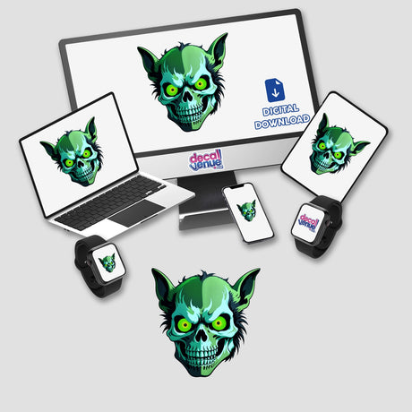 Hybrid Human Dog Skull illustration on a computer screen, available as stickers or digital artwork, featuring a green cartoon face. Ideal for unique vinyl sticker and digital art enthusiasts.
