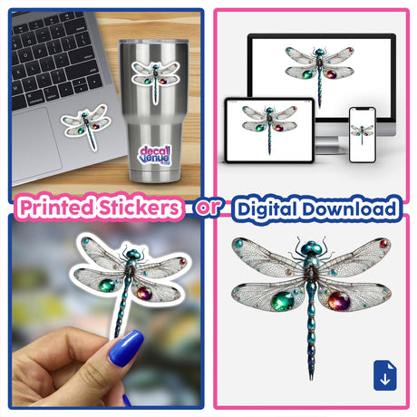 Dragonfly Gemstones and Jewels sticker on a laptop keyboard, showcasing a close-up of the intricate design with multicolored gems. Available as stickers or digital downloads.