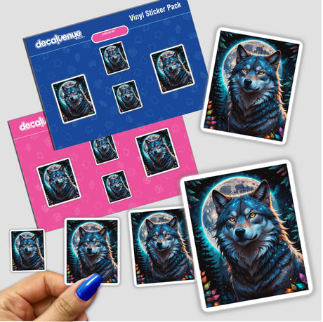 Wolf-themed sticker titled A Wolf In The Night With A Bright Moon, featuring a wolf with glowing eyes and a moon, offered as a sticker or digital artwork from Decal Venue.
