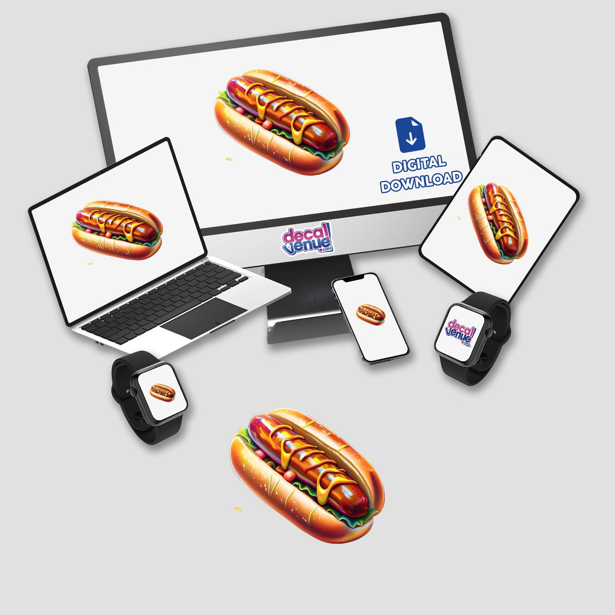 Hotdog-themed digital artwork and stickers featuring hot dogs with mustard and ketchup displayed on various screens, including a laptop and cellphone, perfect for fast food enthusiasts.