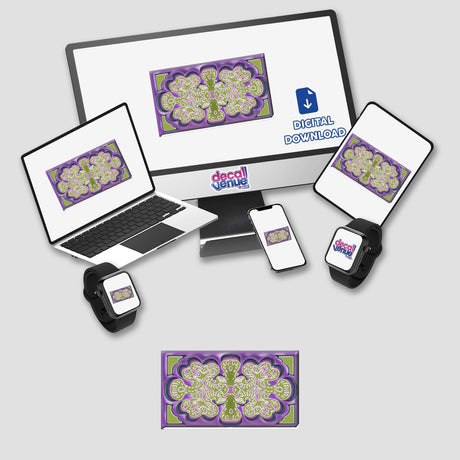 Abstract design of purple and green patterns displayed on a computer monitor, laptop, and phone screen, available as stickers or digital artwork from Decal Venue.