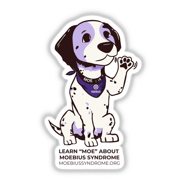 Cartoon of a dog with a bandana promoting Learn 'Moe' about Moebius syndrome available as stickers or digital artwork.