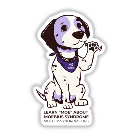 Cartoon of a dog with a bandana promoting Learn 'Moe' about Moebius syndrome available as stickers or digital artwork.