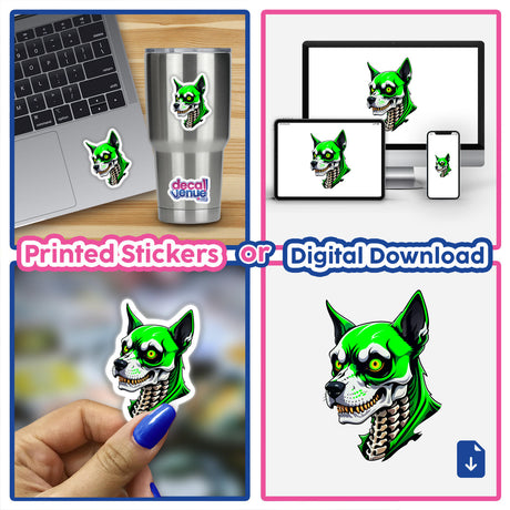 Collage featuring A Cool Undead Dog Skull sticker and digital artwork, showcasing a cartoon dog design on various items like a laptop and a cup, ideal for unique decoration.