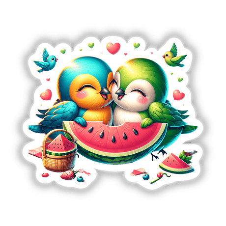 Two Lovebirds Sharing a Watermelon