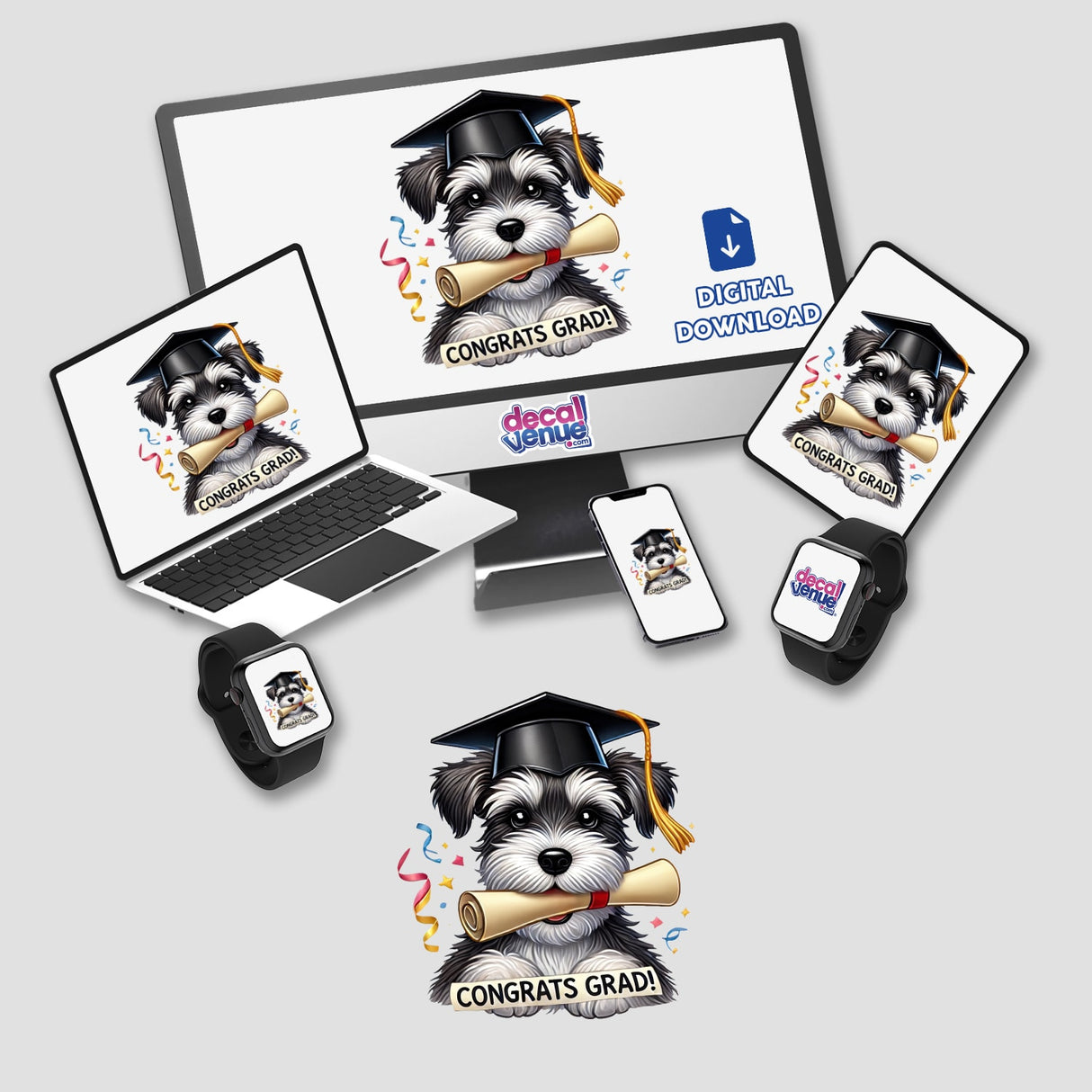 Cute Schnauzer Graduation Dog with Cap and Diploma depicted on a computer monitor and laptop. Available as stickers or digital artwork from Decal Venue, perfect for celebrating graduates.