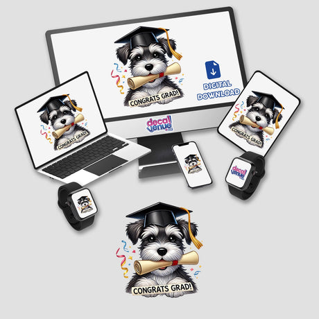 Cute Schnauzer Graduation Dog with Cap and Diploma depicted on a computer monitor and laptop. Available as stickers or digital artwork from Decal Venue, perfect for celebrating graduates.