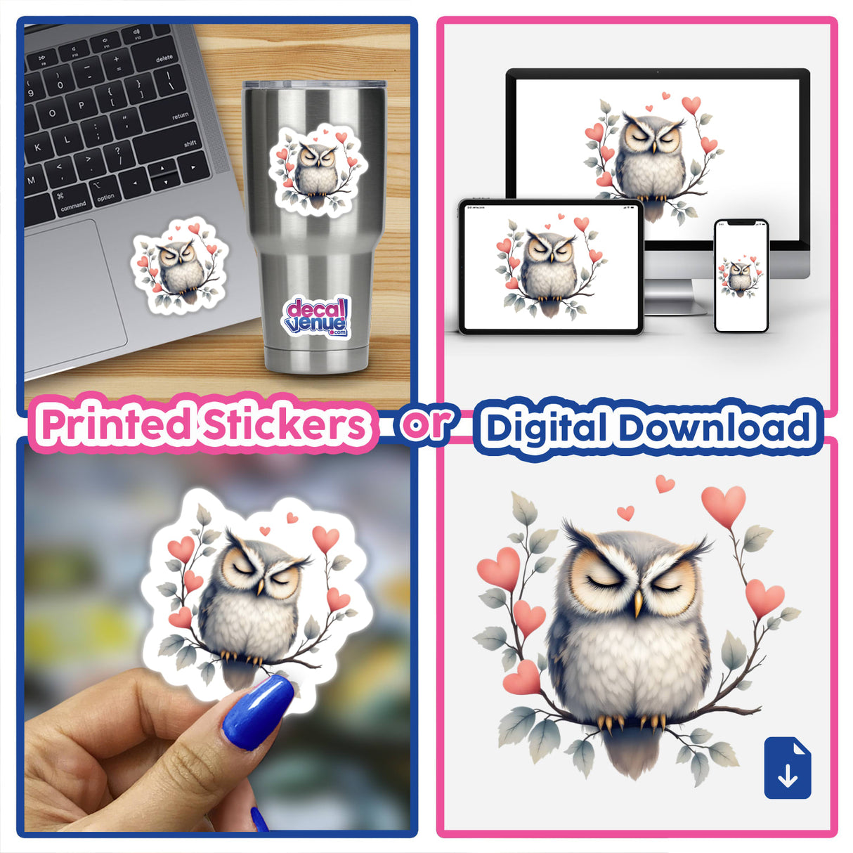 Napping Owl with Heart Branches sticker featuring a serene owl among heart-shaped branches, perfect for laptops or walls, adding whimsy and tranquility to any space.