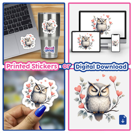 Napping Owl with Heart Branches sticker featuring a serene owl among heart-shaped branches, perfect for laptops or walls, adding whimsy and tranquility to any space.