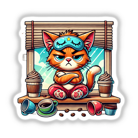 Sassy Cat Too Cool For Morning Coffee: Cartoon of a cat lounging in a window, available as stickers or digital artwork.