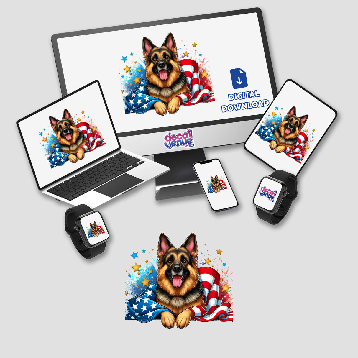 Patriotic German Shepherd dog wrapped in American flag, surrounded by stars against a white background for Decal Venue digital art products.