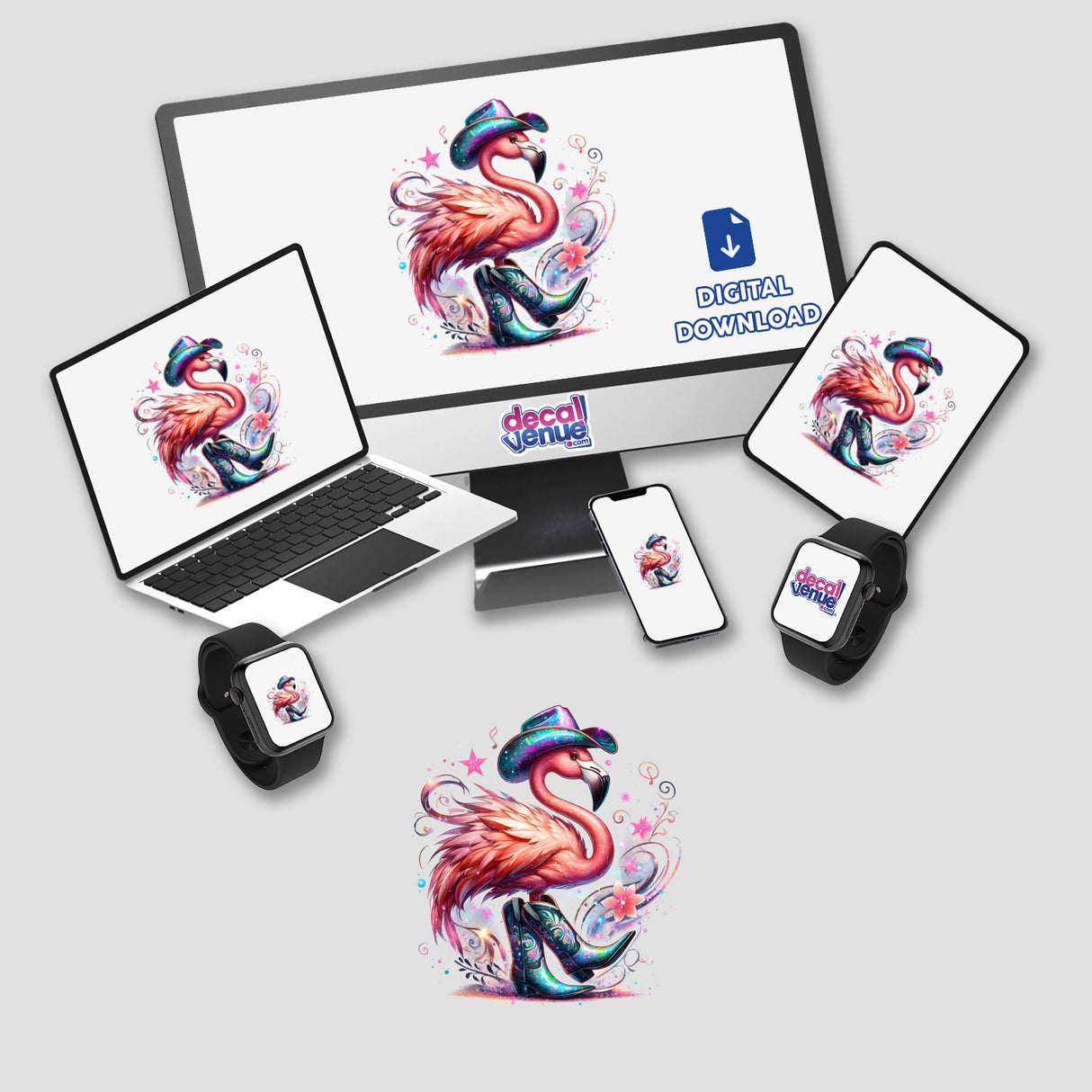 Vibrant digital artwork of a flamingo bird wearing a cowboy hat and boots, surrounded by swirling patterns and the Decal Venue logo. The image is displayed on various digital devices, including a desktop computer, laptop, smartphone, and smartwatch.